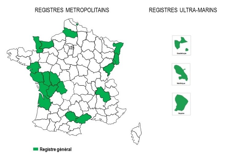 Carte des départements couverts par un registre général des cancers (registres dont les données sont utilisées pour la surveillance des mélanomes cutanés, juin 2021)